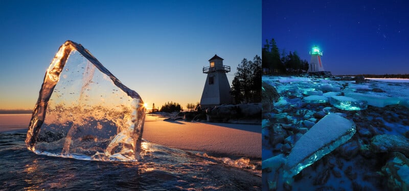 A large, clear chunk of ice sits on a snowy shore near a white lighthouse at sunset on the left; on the right, glowing ice and the lighthouse are illuminated under a starry night sky.