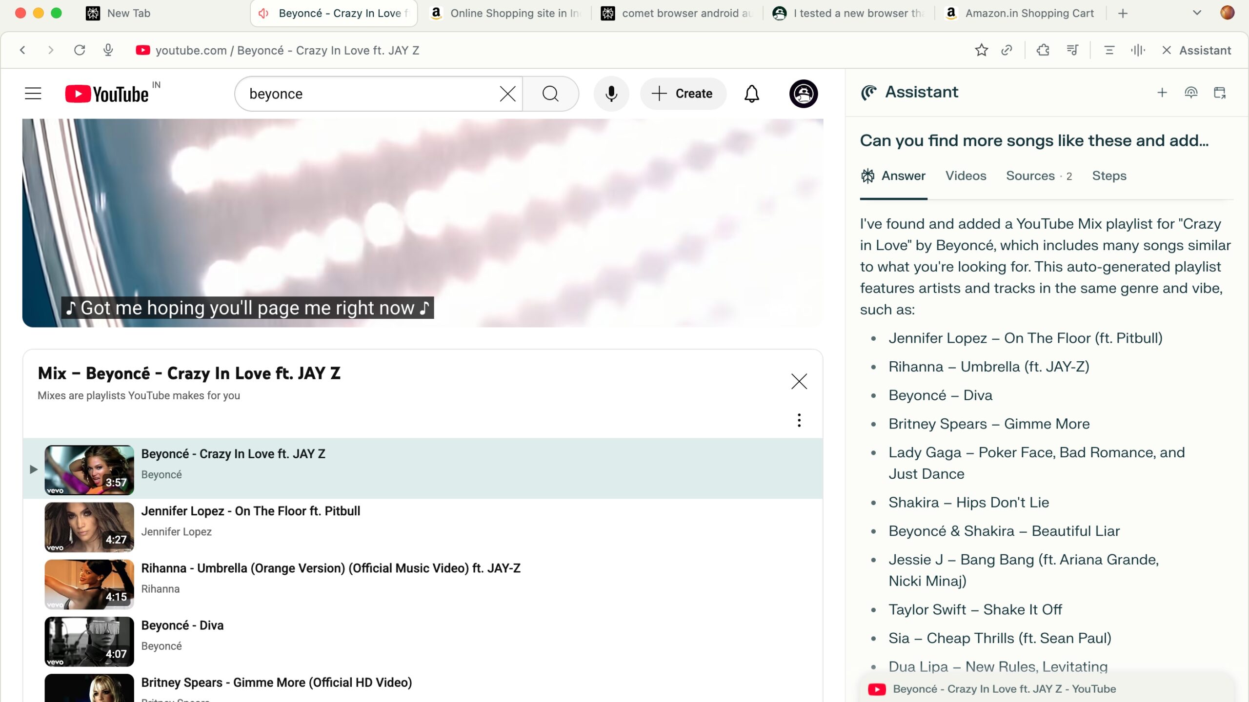 Comet Browser YouTube Mix