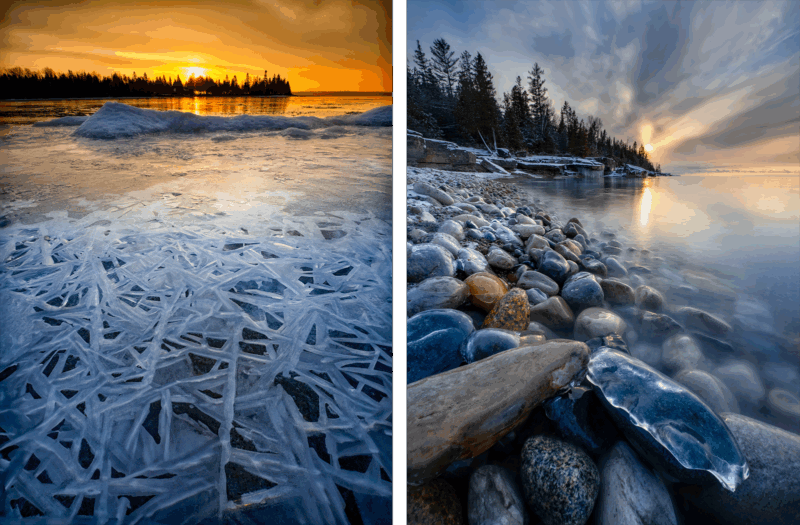 A split image: on the left, jagged ice patterns cover a frozen lake at sunset; on the right, smooth stones and partially frozen water line a misty shoreline with a dramatic, cloudy sky.