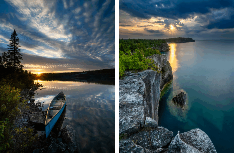 Split image shows a canoe on a calm lake at sunset on the left, and dramatic cliffs over clear blue water at sunset on the right, both with vibrant skies and reflections.