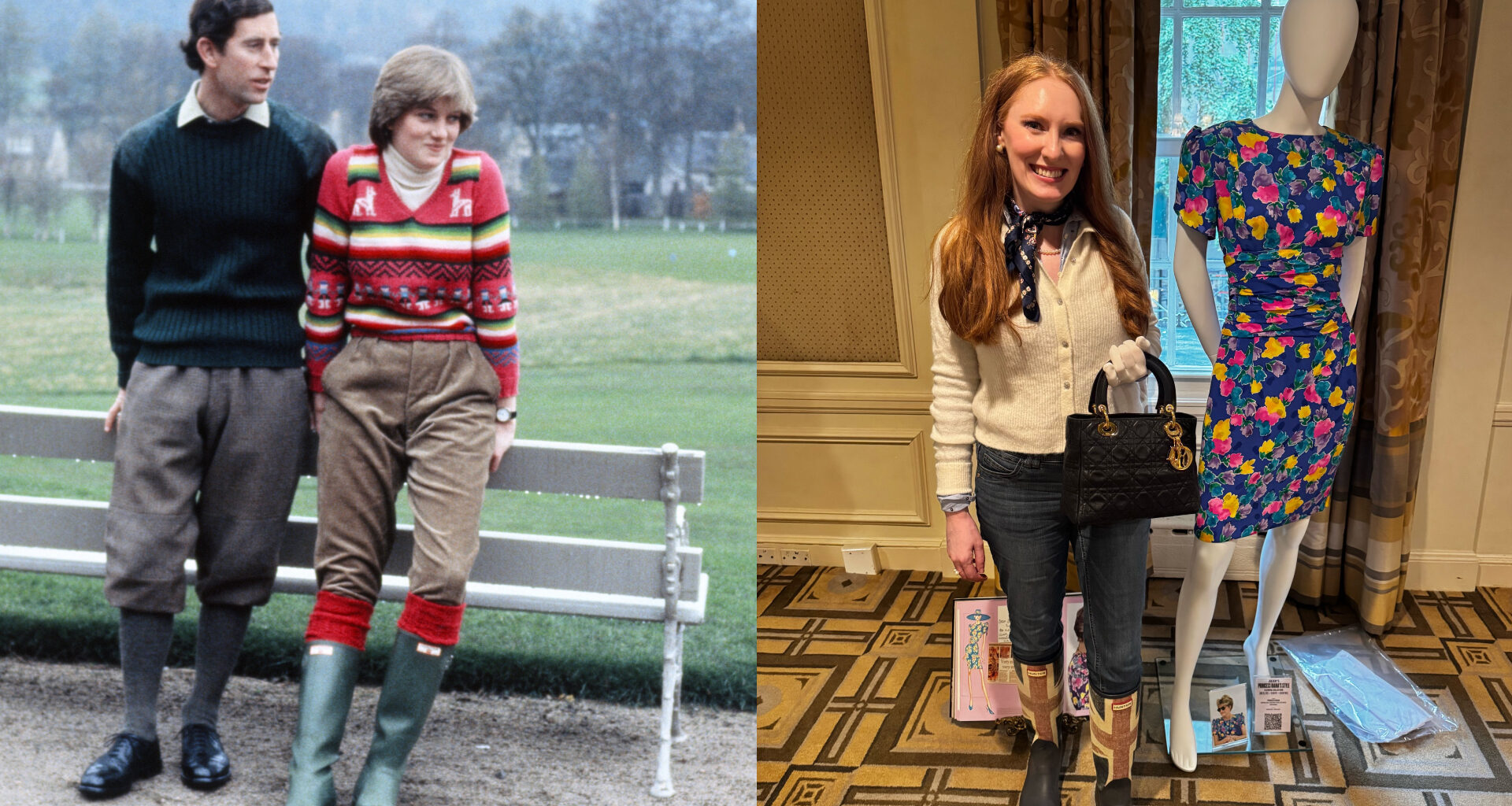 Prince Charles and Princess Diana wearing boots leaning on a bench; Kristin Contino wearing Union Jack boots standing in front of a mannequin wearing a blue floral dress
