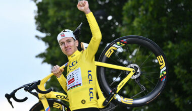 UAE Team Emirates - XRG team's Slovenian rider Tadej Pogacar celebrates on the podium with the overall leader's yellow jersey after the 21st and final stage of the 112th edition of the Tour de France cycling race, 132.3 km between Mantes-la-Ville and Paris Champs-Ã‰lysees, on July 27, 2025. (Photo by Marco BERTORELLO / AFP)