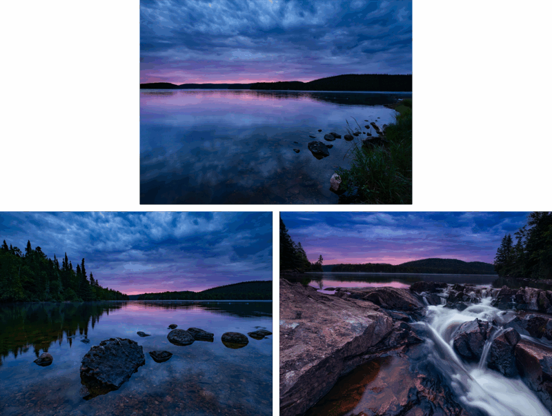 Three photos show a serene lake at sunset, with a vibrant purple sky reflected in the water, surrounded by forested hills and rocky shores, and a gentle waterfall cascading over rocks.