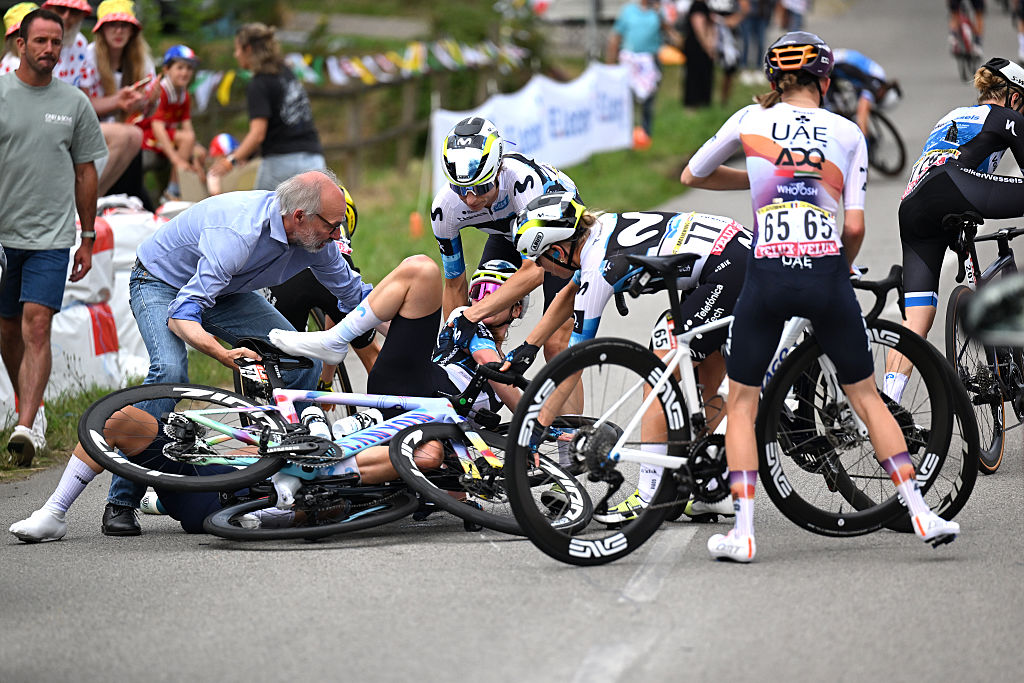 Liane Lippert of Germany, Marlen Reusser of Switzerland, Mareille Meijering of Netherlands and Team Movistar and Maeva Squiban of France and UAE Team ADQ after being involved in a crash during the 4th Tour de France Femmes 2025, Stage 1 a 78.8km stage from Vannes to Plumelec