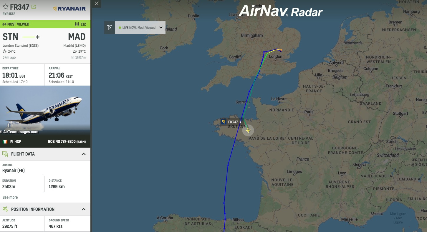 Ryanair Boeing 737 MAX from London Stansted is declaring an emergency over France