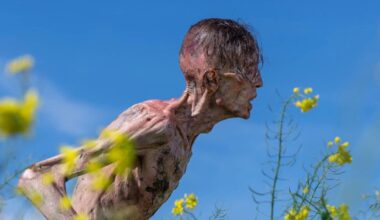 A still from 28 Years Later showing an infected man against blue sky