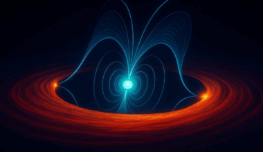 An illustration of the blue concentric circles jointed by a bright blue orb. A red disk is around them.