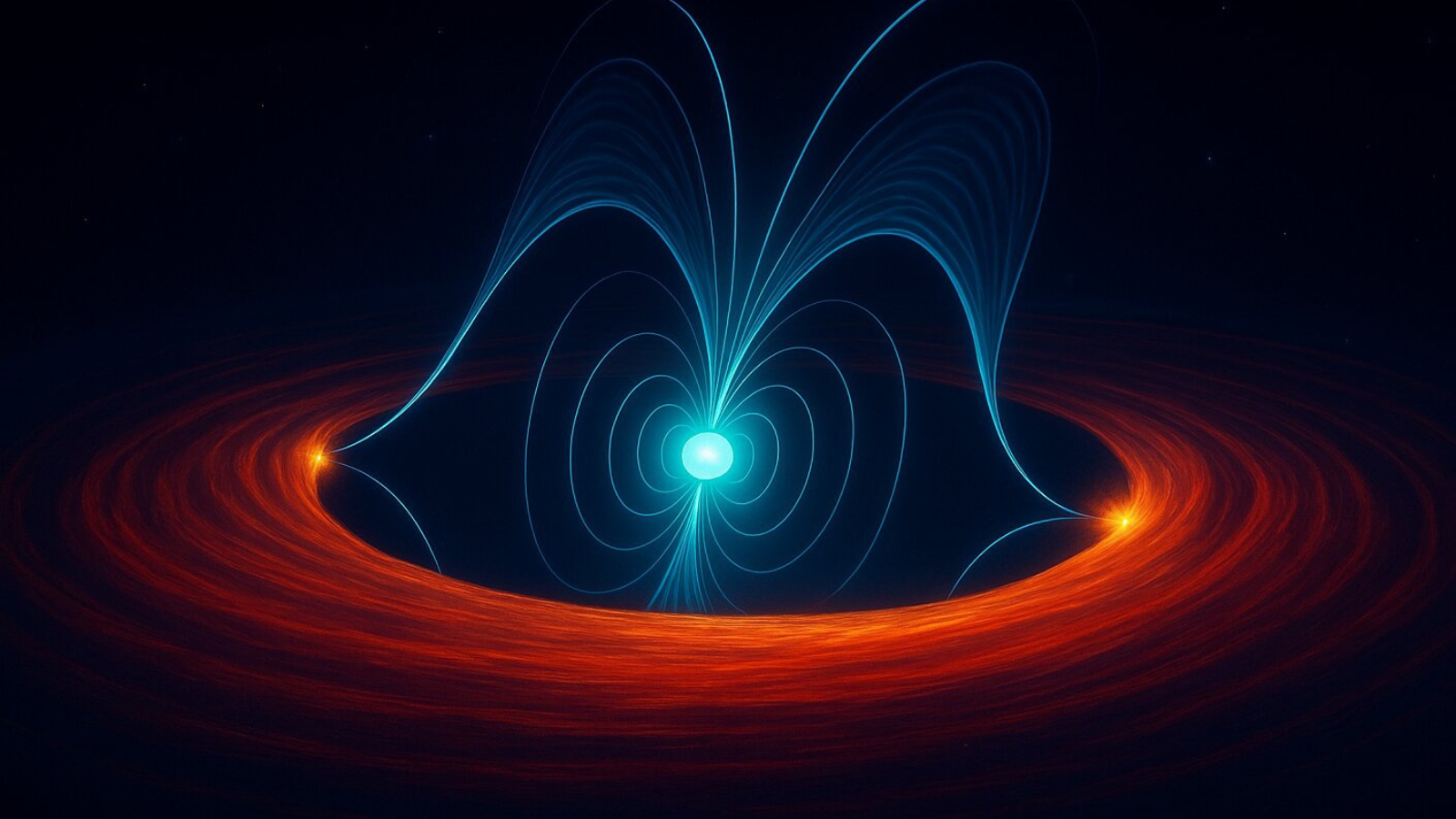 An illustration of the blue concentric circles jointed by a bright blue orb. A red disk is around them.