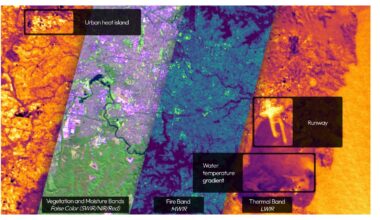 Sydney captured by FireSat Protoflight's infrared sensors. It differentiates industrial heat islands, vegetation, and runway-induced heat, demonstrating the satellite’s ability to distinguish thermal signatures. (Image credit: Muon Space)