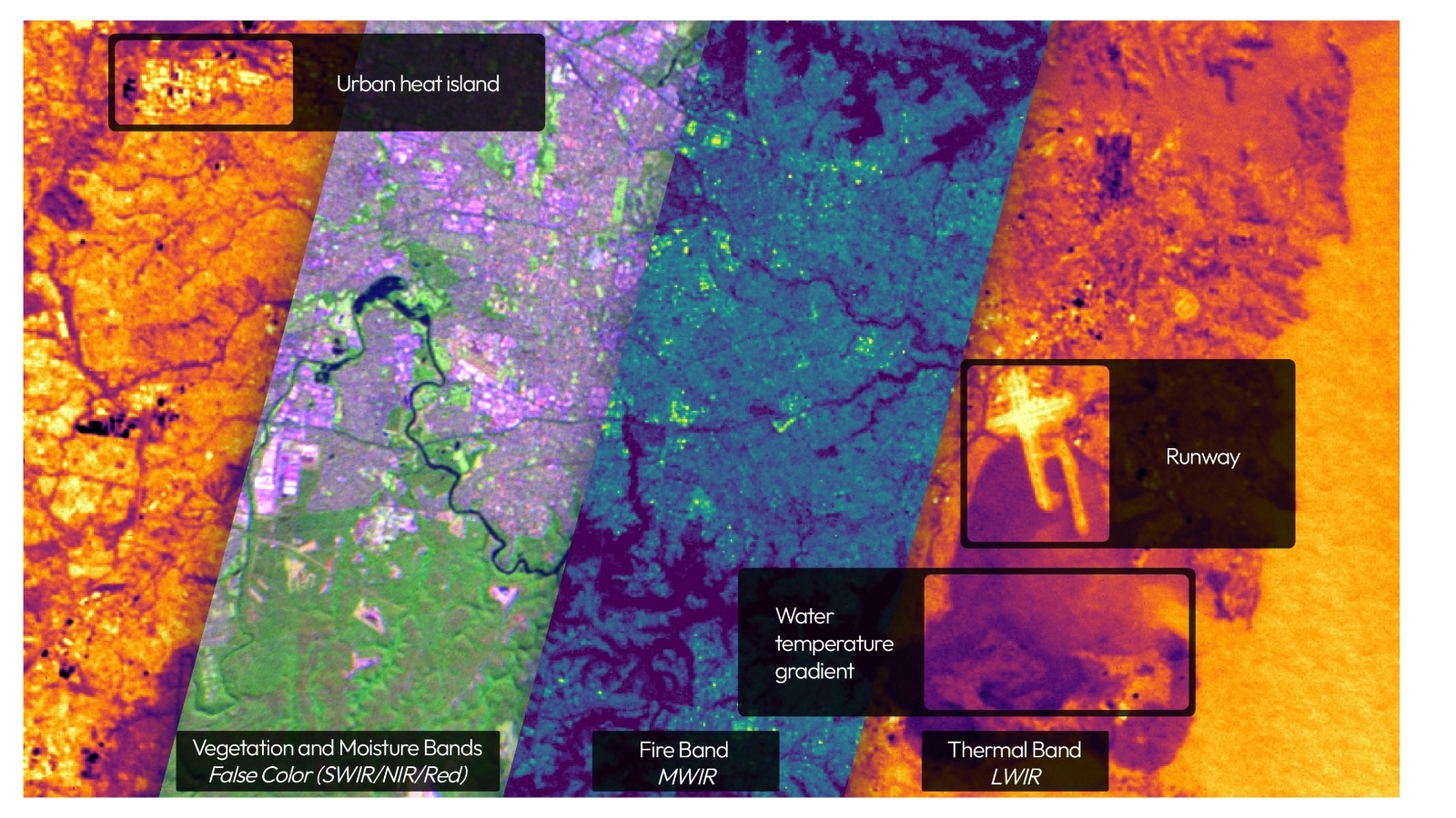 Sydney captured by FireSat Protoflight's infrared sensors. It differentiates industrial heat islands, vegetation, and runway-induced heat, demonstrating the satellite’s ability to distinguish thermal signatures. (Image credit: Muon Space)