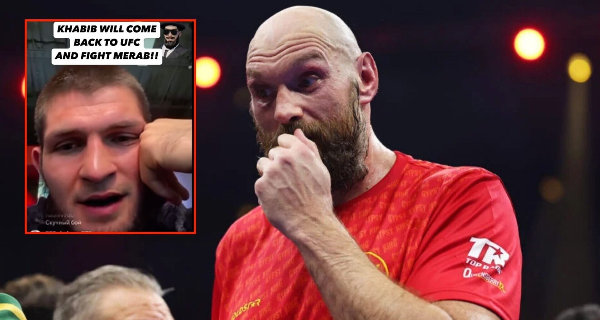 Tyson Fury reacts following defeat in his rematch with Oleksandr Usyk, inset Khabib Nurmagomedov on Instagram live.