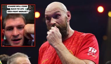 Tyson Fury reacts following defeat in his rematch with Oleksandr Usyk, inset Khabib Nurmagomedov on Instagram live.