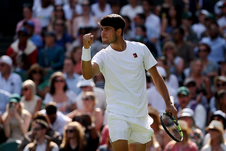 LONDON, ENGLAND - JULY 02: Carlos Alcaraz of Spain celebrates a point against Oliver Tarvet of Great Britain during the Gentleman's Singles Second Round match on day three of The Championships Wimbledon 2025 at All England Lawn Tennis and Croquet Club on July 02, 2025 in London, England. (Photo by Clive Brunskill/Getty Images)