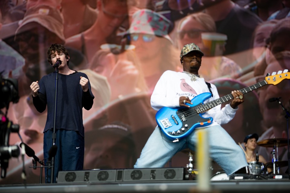 GLASTONBURY, ENGLAND - JUNE 29: Brendan Yates and Franz Lyons of American hardcore punk band "Turnstile" performs during day five of Glastonbury festival 2025 at Worthy Farm, Pilton on June 29, 2025 in Glastonbury, England. Established by Michael Eavis in 1970, Glastonbury has grown into the UK's largest music festival, drawing over 200,000 fans to enjoy performances across more than 100 stages. In 2026, the festival will take a fallow year, a planned pause to allow the Worthy Farm site time to rest and recover. (Photo by Shane Anthony Sinclair/Getty Images)