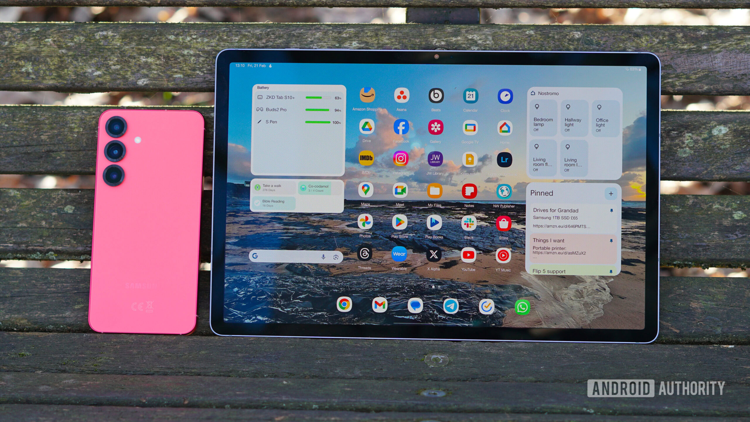 A Galaxy S25 and Tab S10 Plus on a bench