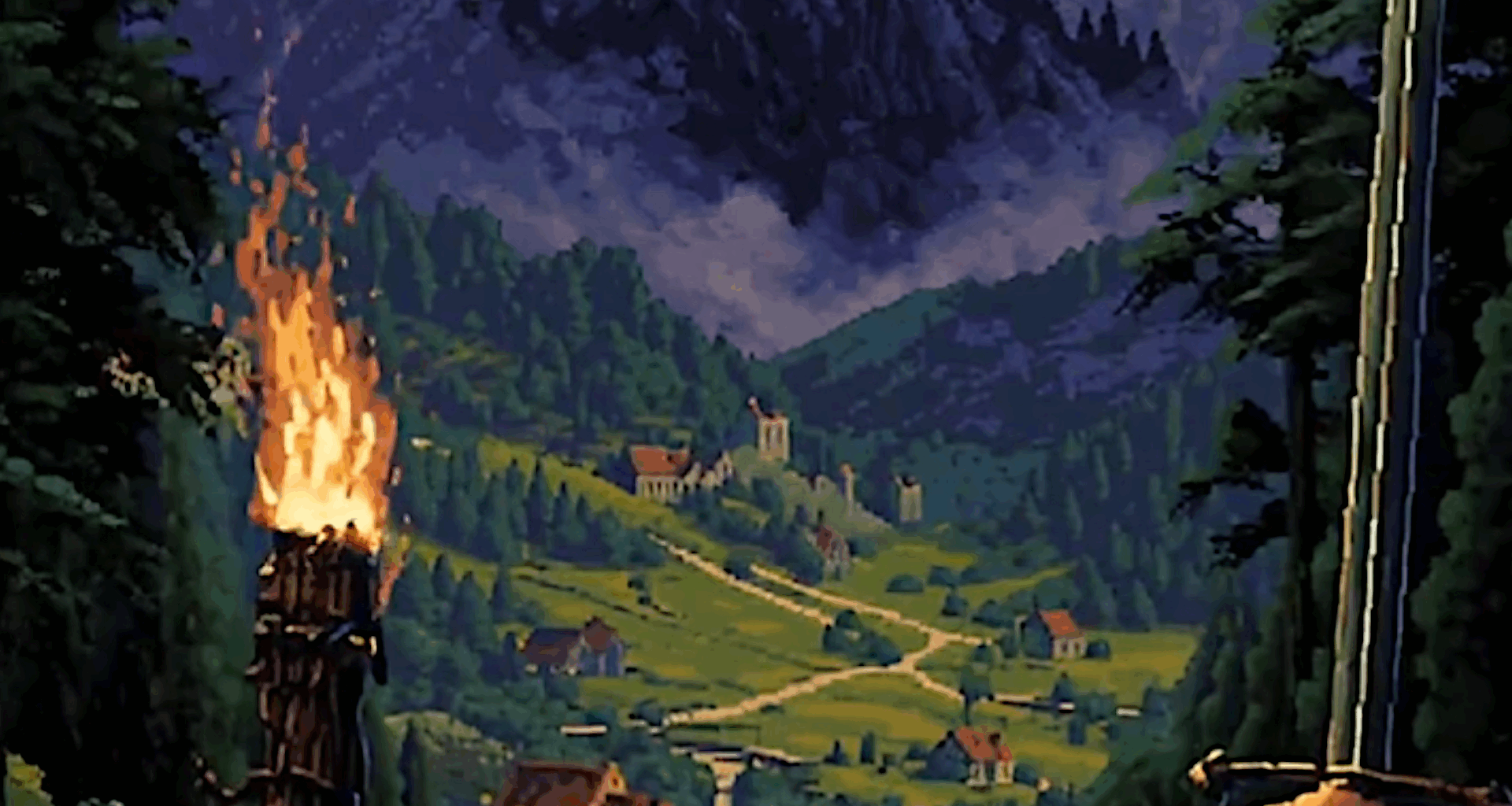 An AI-generated image of a game concept showing rolling green hills and a distant castle wreathed in fog.