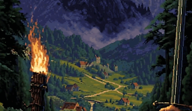 An AI-generated image of a game concept showing rolling green hills and a distant castle wreathed in fog.