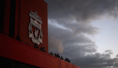 Liverpool's Anfield stadium seen from outside with dark clouds in background