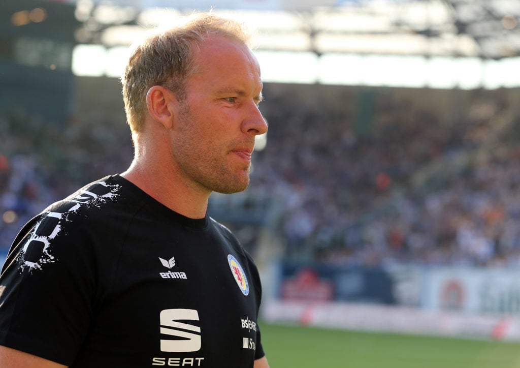 Head coach Henrik Pedersen of Braunschweig looks on during the 3.Liga match between FC Hansa Rostock and Eintracht Braunschweig