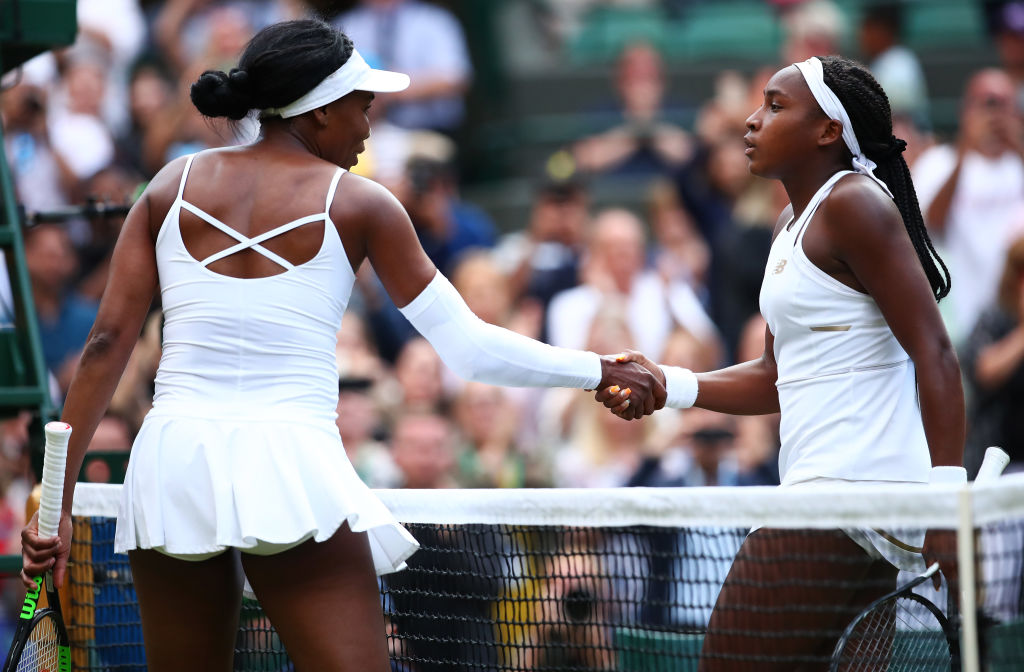 Cori Gauff of the United States shakes hands at the net with Venus Williams of The United States after her Ladies' Singles first round match against Venus Williams of The United States during Day one of The Championships - Wimbledon 2019 at All England Lawn Tennis and Croquet Club on July 01, 2019 in London, England.