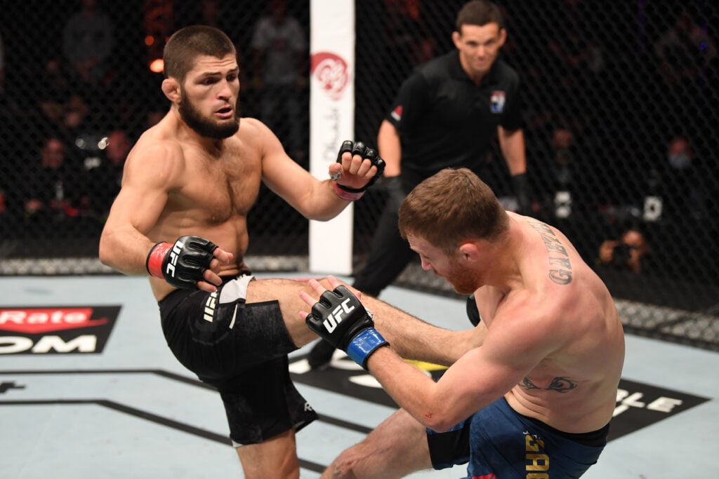 Khabib Nurmagomedov kicks Justin Gaethje at UFC 254