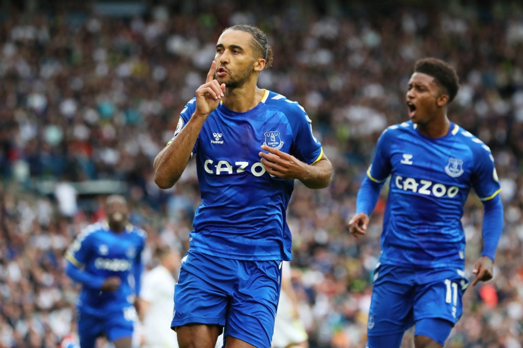 Dominic Calvert-Lewin shushes Leeds United fans during a game in 2021.