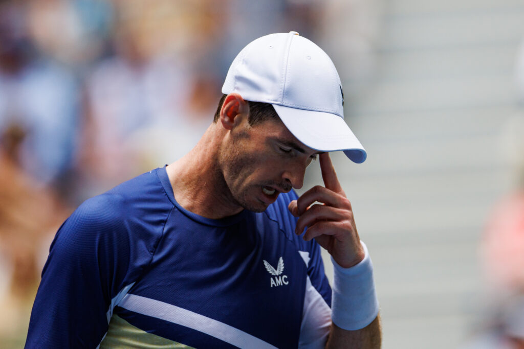 Andy Murray of Great Britain looks frustrated against Emilio Nava of the United States in the second round of the men's singles in the US Open at the USTA Billie Jean King National Tennis Center on August 31, 2022 in New York City.