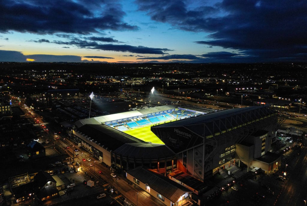 Elland Road at night ahead of Leeds' FA Cup replay agains Cardiff City in 2023.
