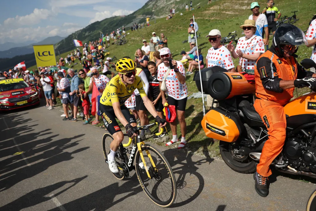 Jumbo-Visma's Danish rider Jonas Vingegaard wearing the overall leader's yellow jersey cycles in the ascent of Col de la Loze in the final kilometres of the 17th stage of the 110th edition of the Tour de France cycling race, 166 km between Saint-Gervais Mont-Blanc and Courchevel, in the French Alps, on July 19, 2023. (Photo by Thomas SAMSON / AFP) (Photo by THOMAS SAMSON/AFP via Getty Images)