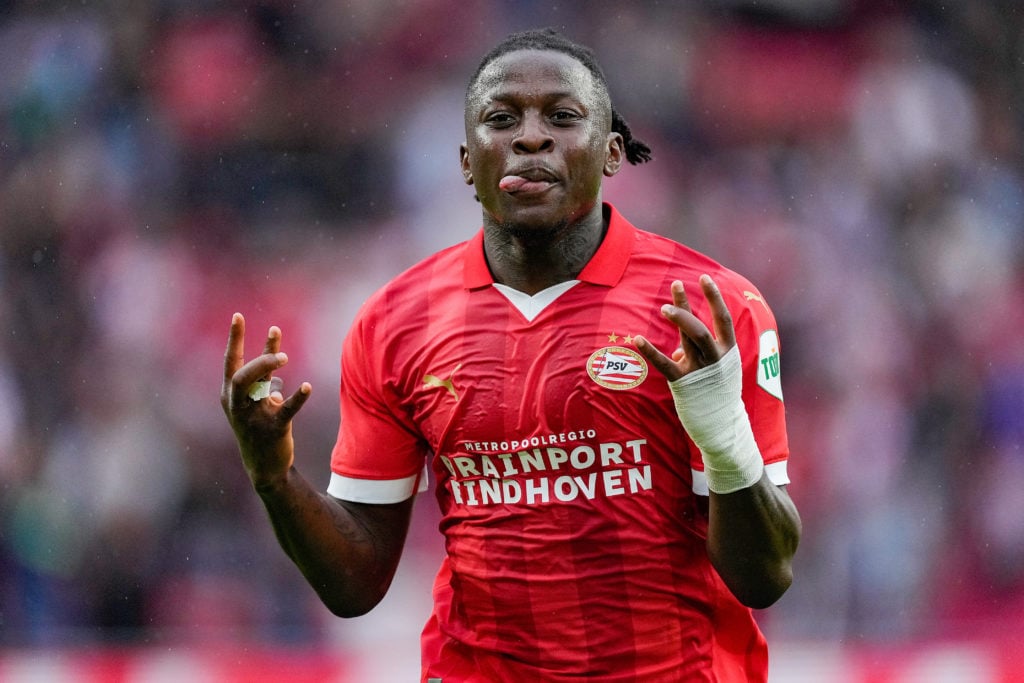 Johan Bakayoko celebrates scoring for PSV Eindhoven in a friendly match against Nottingham Forest.
