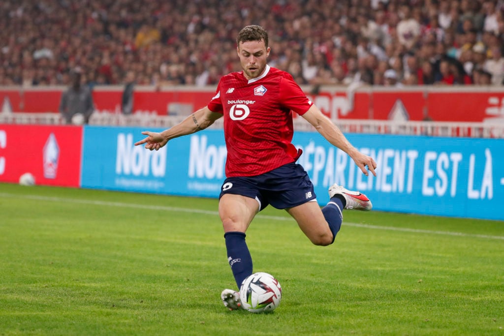 Gabriel Gudmundsson pulls hit foot back to hit the football in a match for Lille.