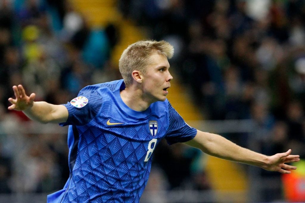 Finland winger Oliver Antman celebrates - FBL-EURO-2024-QUALIFIER-KAZ-FIN