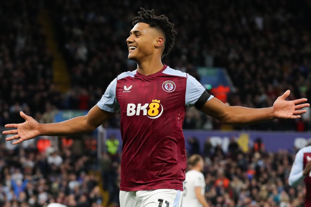 Ollie Watkins celebrates scoring for Aston Villa against West Ham United.