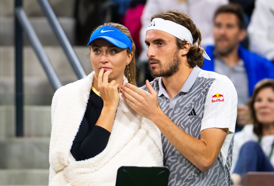 INDIAN WELLS, CALIFORNIA - MARCH 05: Stefano Tsitsipas (R) of Greece and Paula Badosa of Spain during the Eisenhower Cup on Day 3 of the BNP Paribas Open at Indian Wells Tennis Garden on March 05, 2024 in Indian Wells, California. (Photo by Robert Prange/Getty Images)