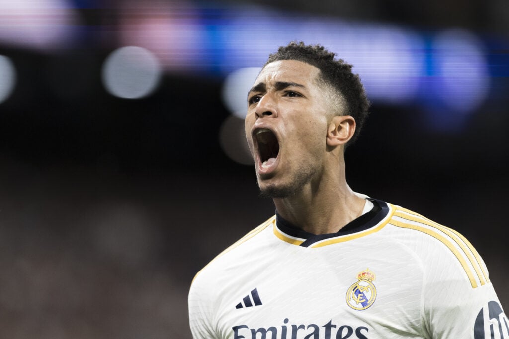 Jude Bellingham of Real Madrid is celebrating a goal during the La Liga 2023/24 match between Real Madrid and FC Barcelona at Santiago Bernabeu Sta...