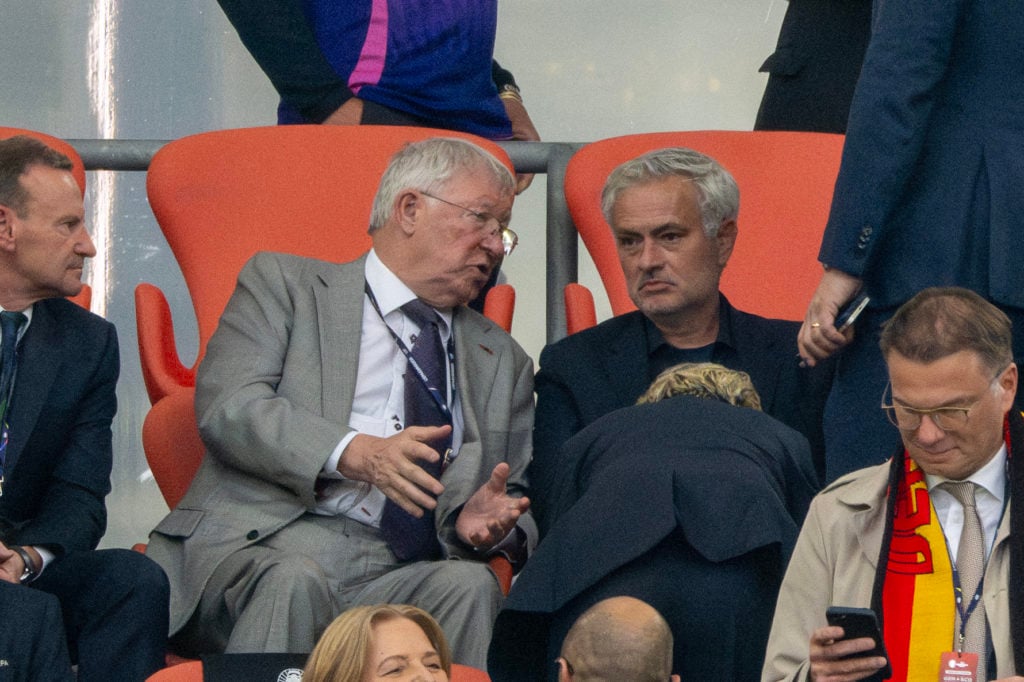 Manchester United legend Sir Alex Ferguson and Fenerbahce manager Jose Mourinho attend the Euro 2024 Group A match between Germany and Scotland at the Munich Football Arena in Munich in 2024.
