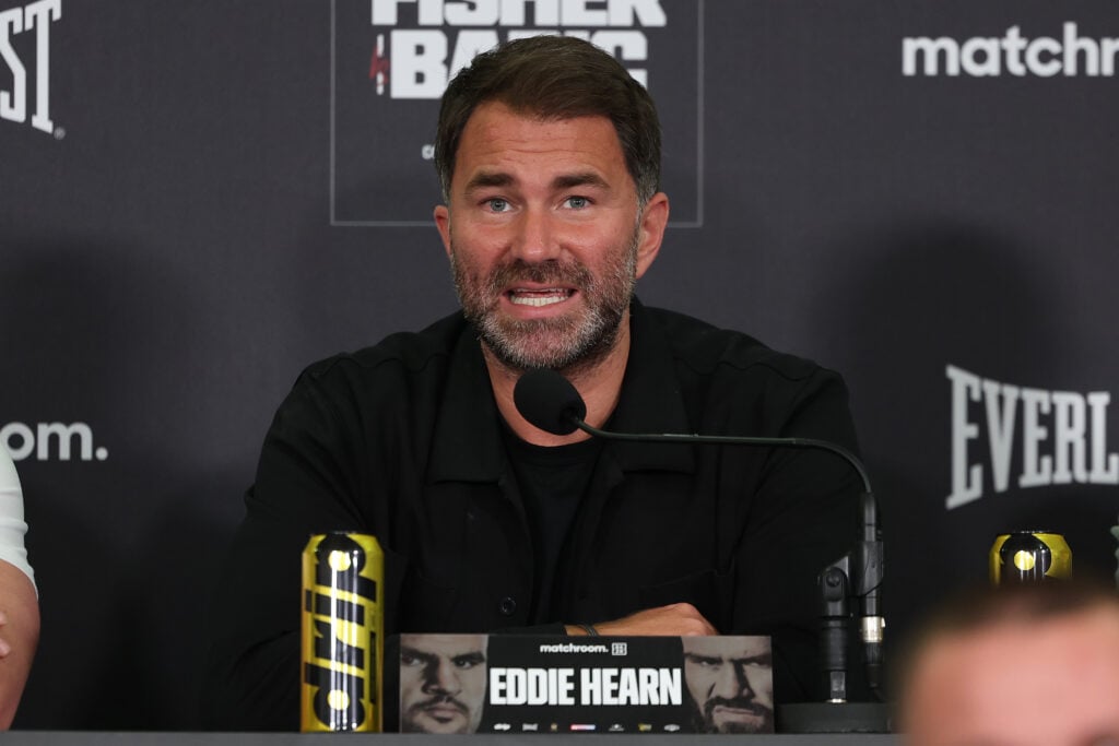 Eddie Hearn speaks at the press conference for Johnny Fisher v Alen Babic