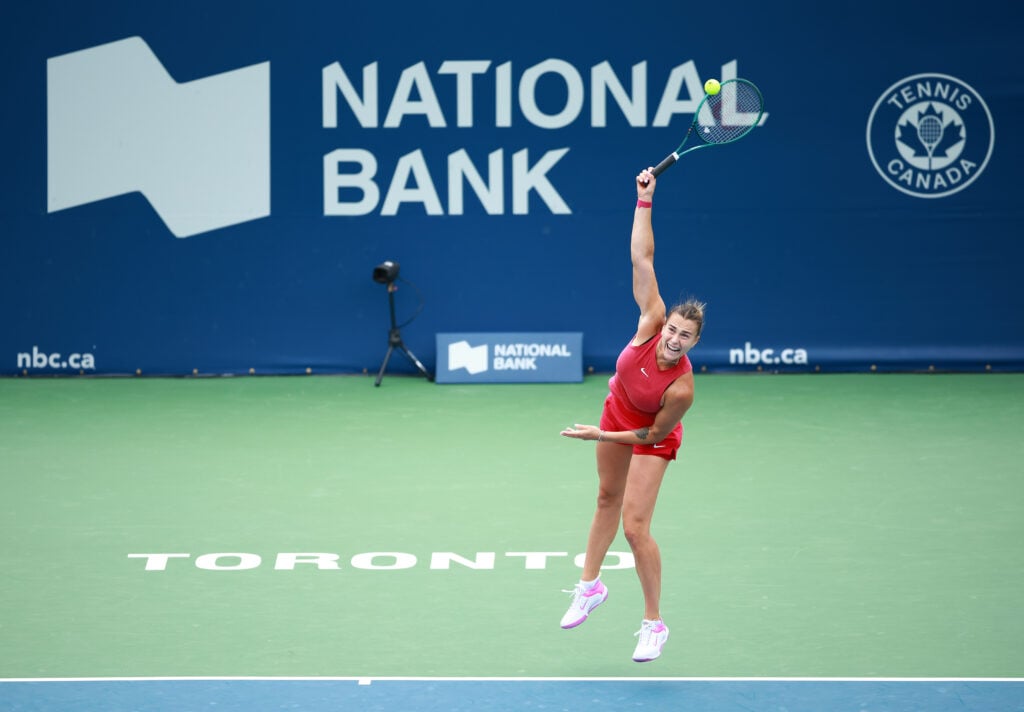 Aryna Sabalenka serves at the National Bank Open Presented by Rogers 2024
