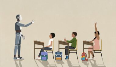 AI robot teaching schoolchildren at desks in classroom