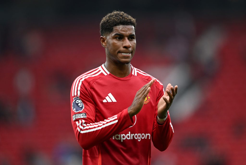 Marcus Rashford applauds fans after Manchester United vs Liverpool.