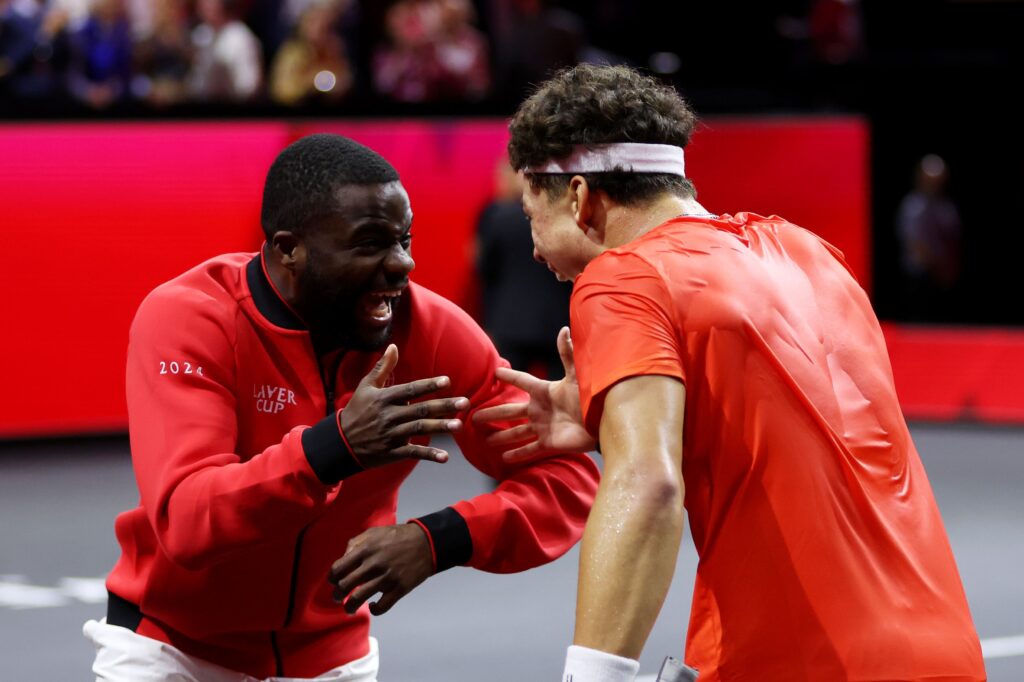 Ben Shelton of Team World celebrates after winning match point with Frances Tiafoe after the Men's Singles match against Daniil Medvedev of Team Europe on day three of the Laver Cup at Uber Arena on September 22, 2024 in Berlin, Germany.