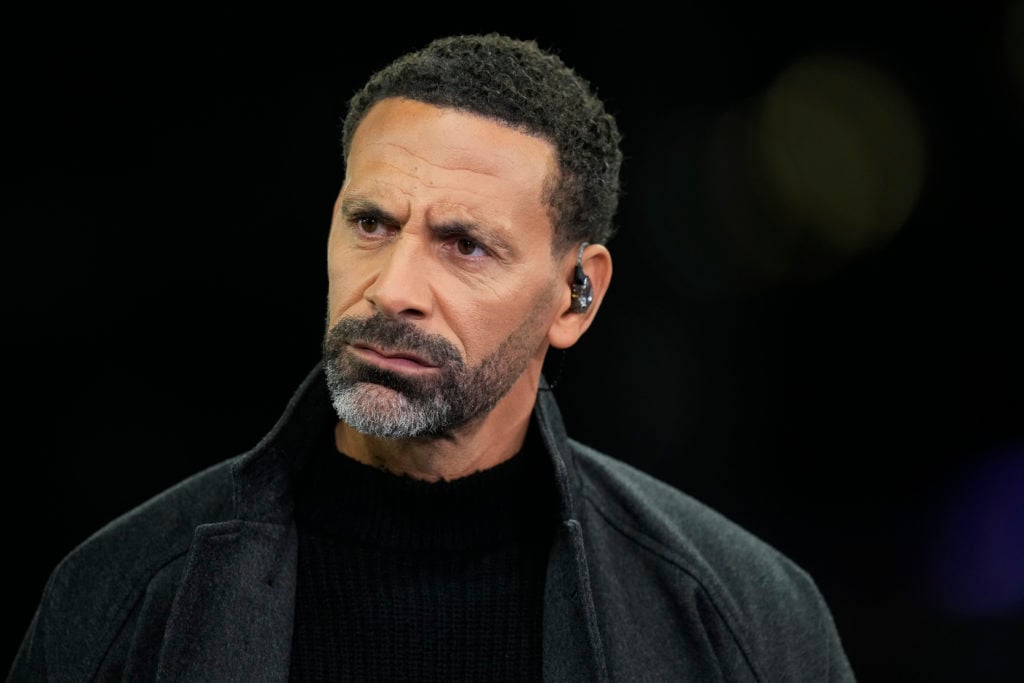 Former Manchester United and England player Rio Ferdinand during the Champions League match between Aston Villa and Bayern Munich at Villa Park in 2024 in Birmingham.