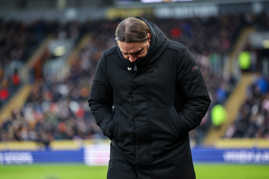 Leeds United manaer Daniel Farke looks down during a Championship game against Hull City.