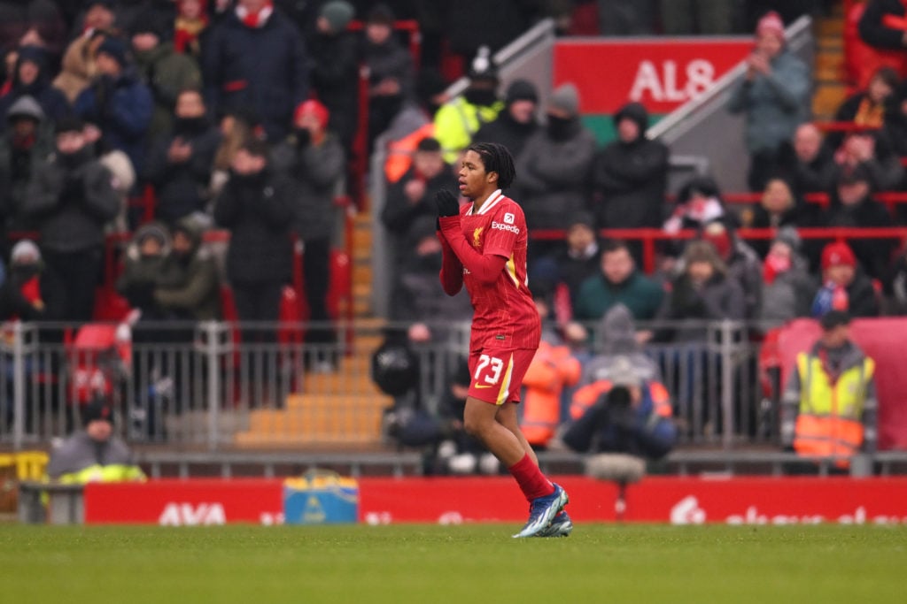 Rio Ngumoha of Liverpool looks on during the Emirates FA Cup Third Round match between Liverpool and Accrington Stanley at Anfield on January 11, 2025