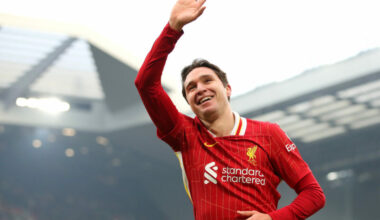 Federico Chiesa of Liverpool celebrates scoring his team's fourth goal during the Emirates FA Cup Third Round match between Liverpool and Accringto...