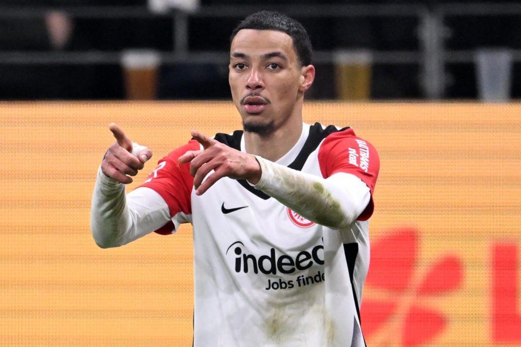 Hugo Ekitike celebrates after scoring a goal for Eintracht Frankfurt