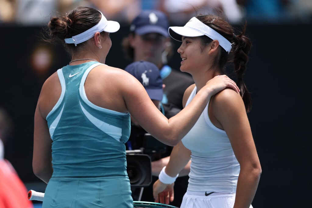 Emma Raducanu and Amanda Anisimova embrace after their 2025 Australian Open second round match