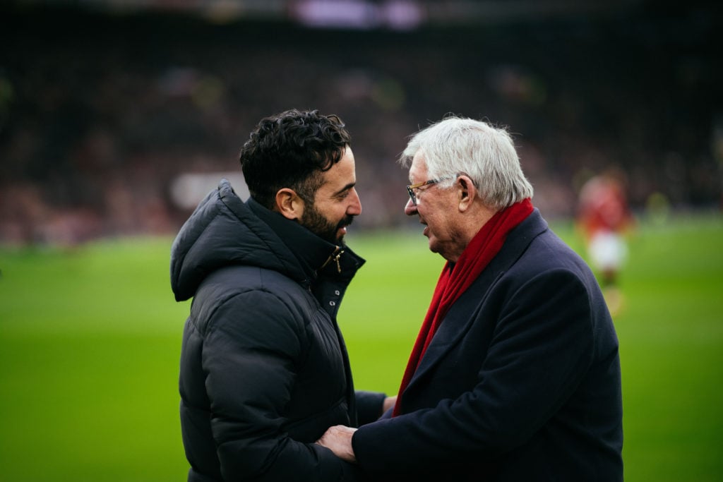 Manchester United manager Ruben Amorim interacts with Sir Alex Ferguson prior to the Premier League match between Manchester United and Brighton at Old Trafford in 2025 in Manchester.