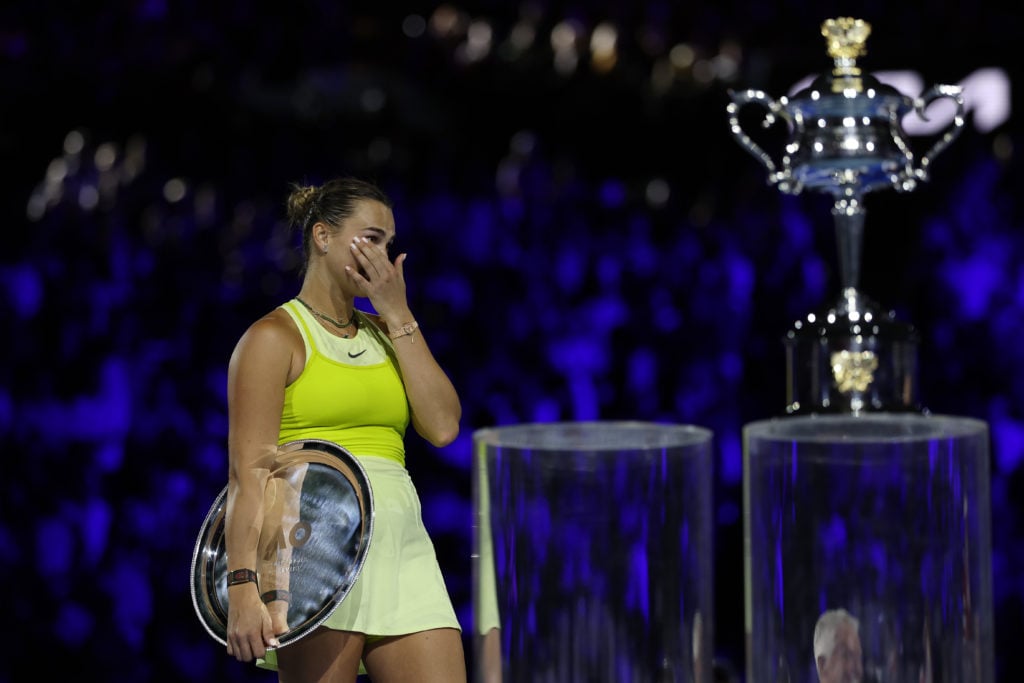 Aryna Sabalenka wipes away tears after losing to Madison Keys in the 2025 Australian Open final