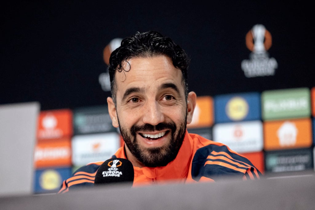 Manchester United manager Ruben Amorim talks to the media during a press conference at the National Arena Stadium in Bucharest, Romania, in 2025 ahead of the UEFA Europa League match against FCSB.
